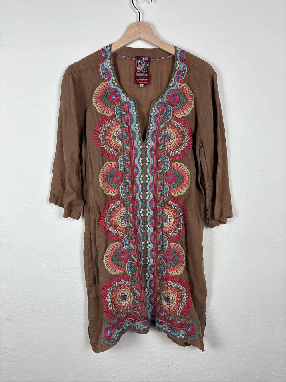 Johnny Was Diega Embroidered Tunic Dress Size S Brown 100% Ramie Boho Chic